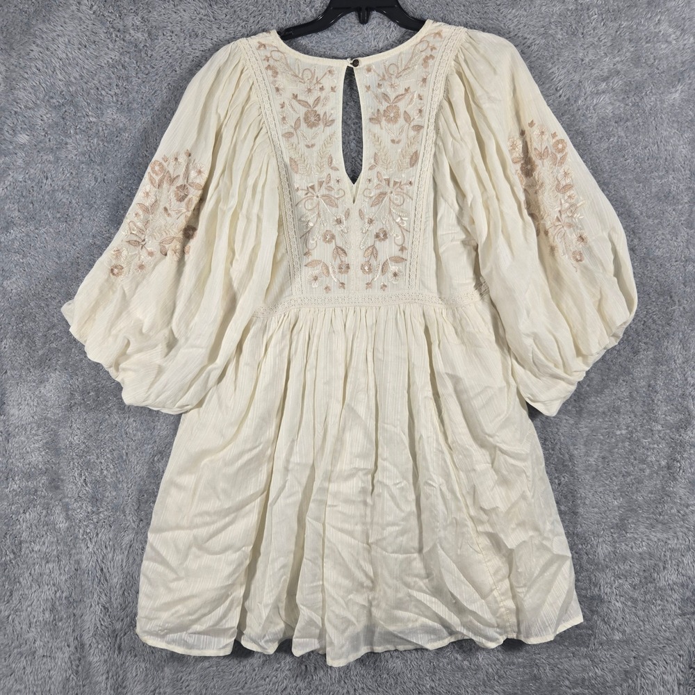 Anthropologie Embroidered Balloon Sleeve Tunic Dress Ivory XS Boho Tassel V-Neck - Picture 8 of 8